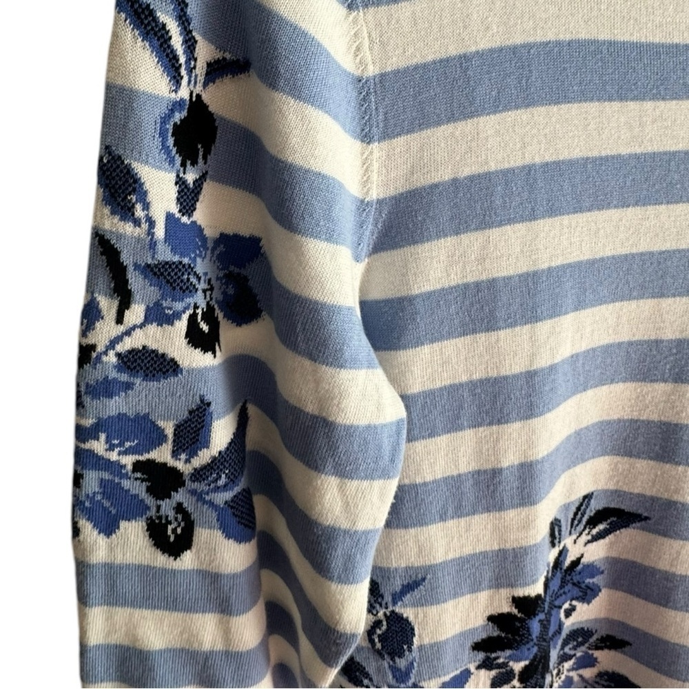 Talbots Womens Blue & White 3/4 Sleeve Striped Floral Knit Sweater M - Picture 3 of 6